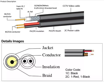 RG59+2C COAXIAL CABLE+2 PCS POWER CABLE 500FT - BLACK